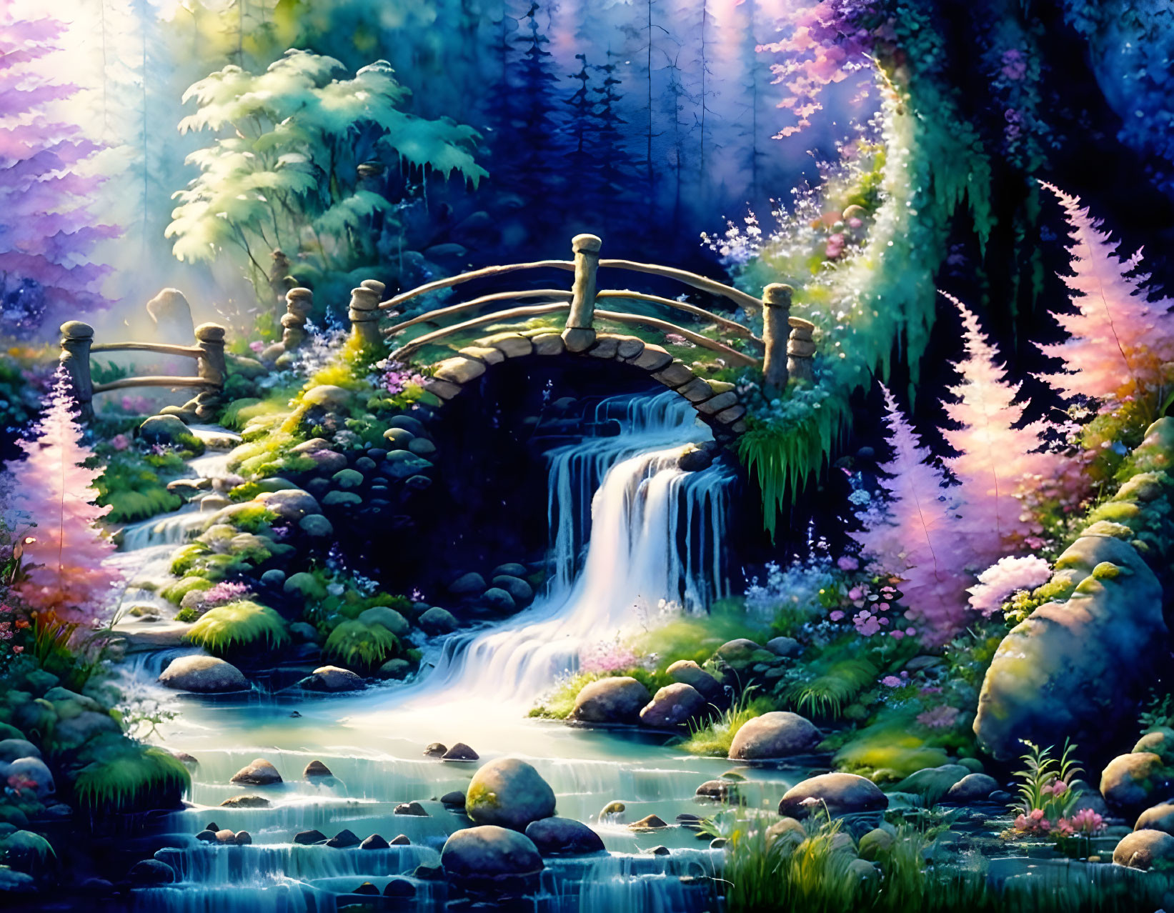 Serene animated scene: stone bridge, waterfall, colorful foliage