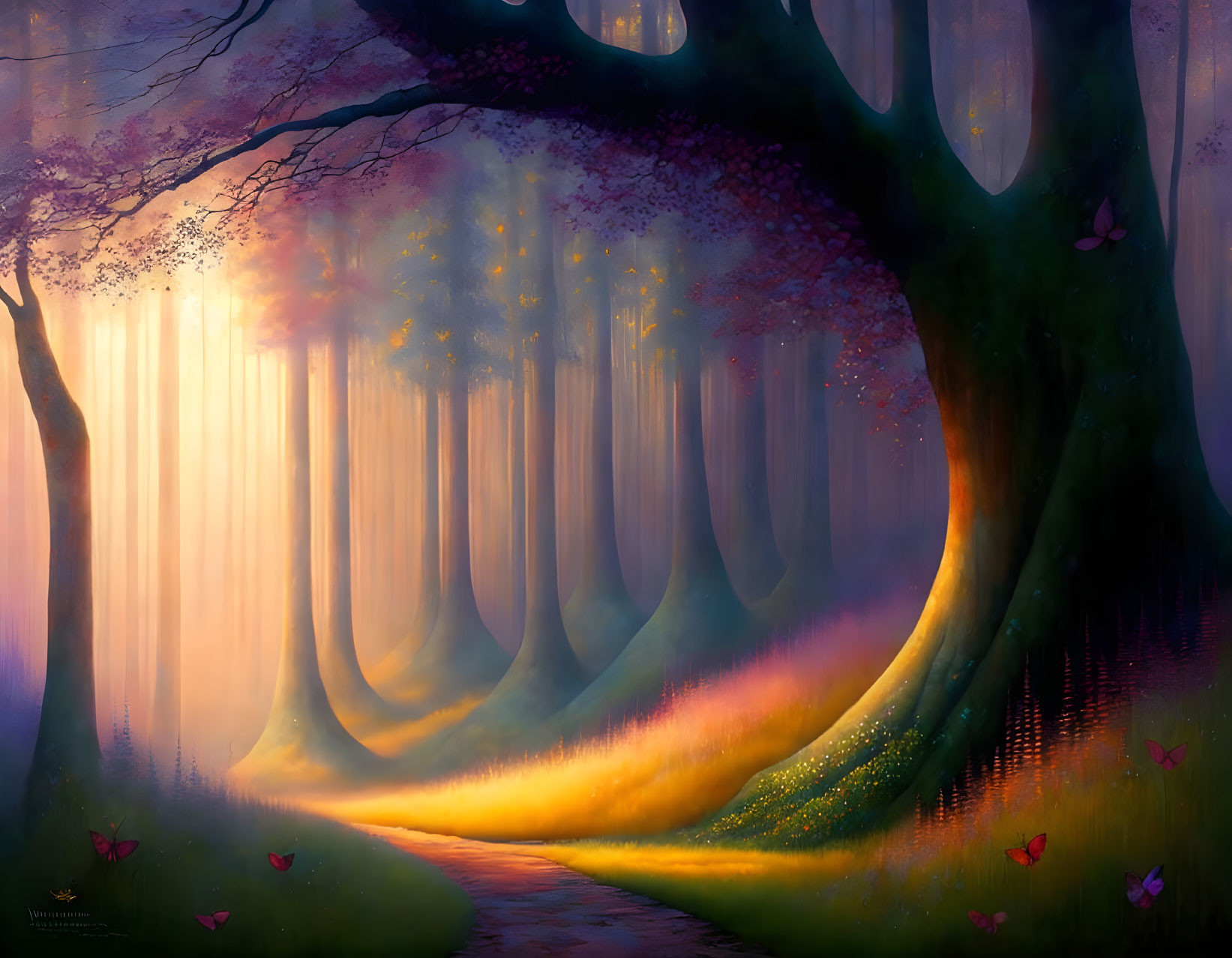 Mystical forest scene with sun rays, tall trees, path, flowers, and butterflies