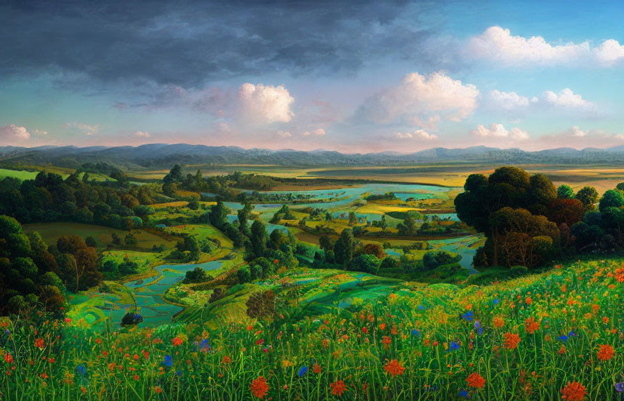 Rolling hills, winding river, wildflowers, and dynamic sky