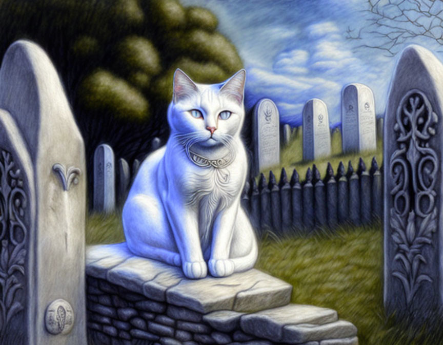 White Cat with Blue Eyes Sitting in Cemetery Among Gravestones