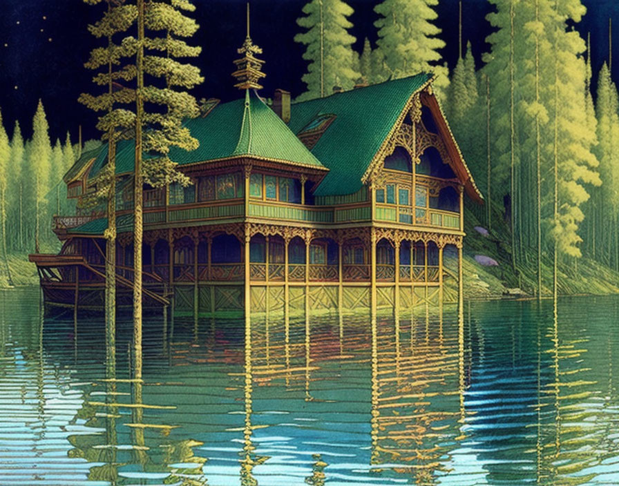 Tranquil forest lake scene with traditional wooden house and starry sky