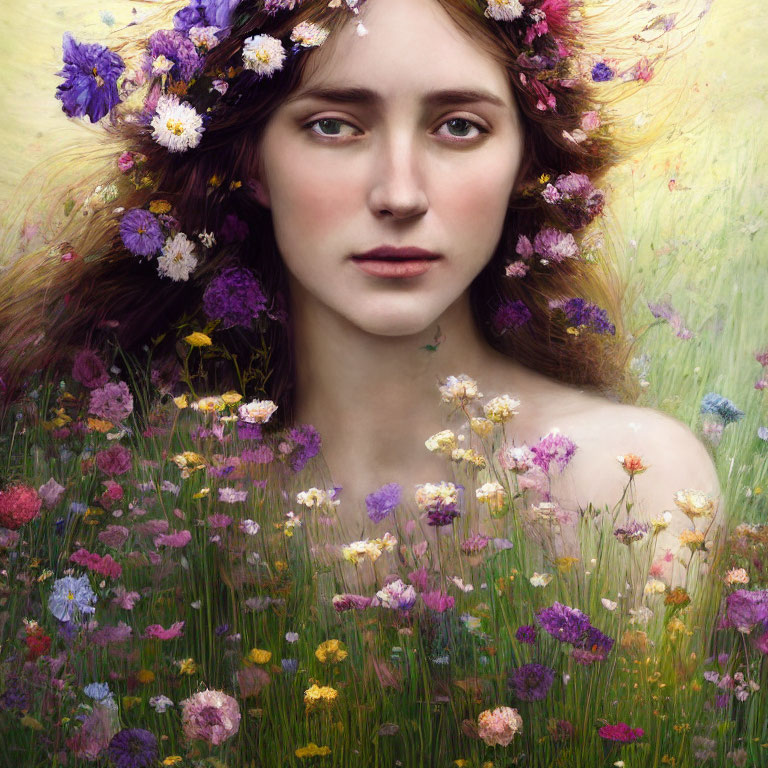 Woman portrait with serene expression and floral crown in wildflower meadow