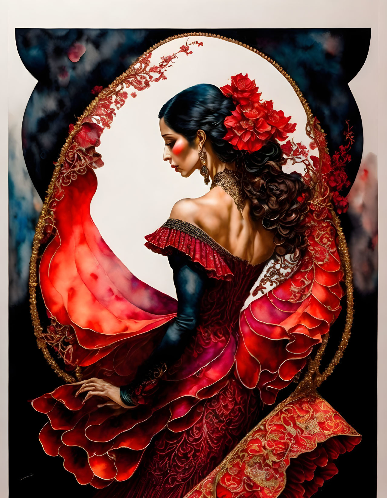 Flamenco-inspired woman in red dress with ruffled layers and flowing hair portrait.