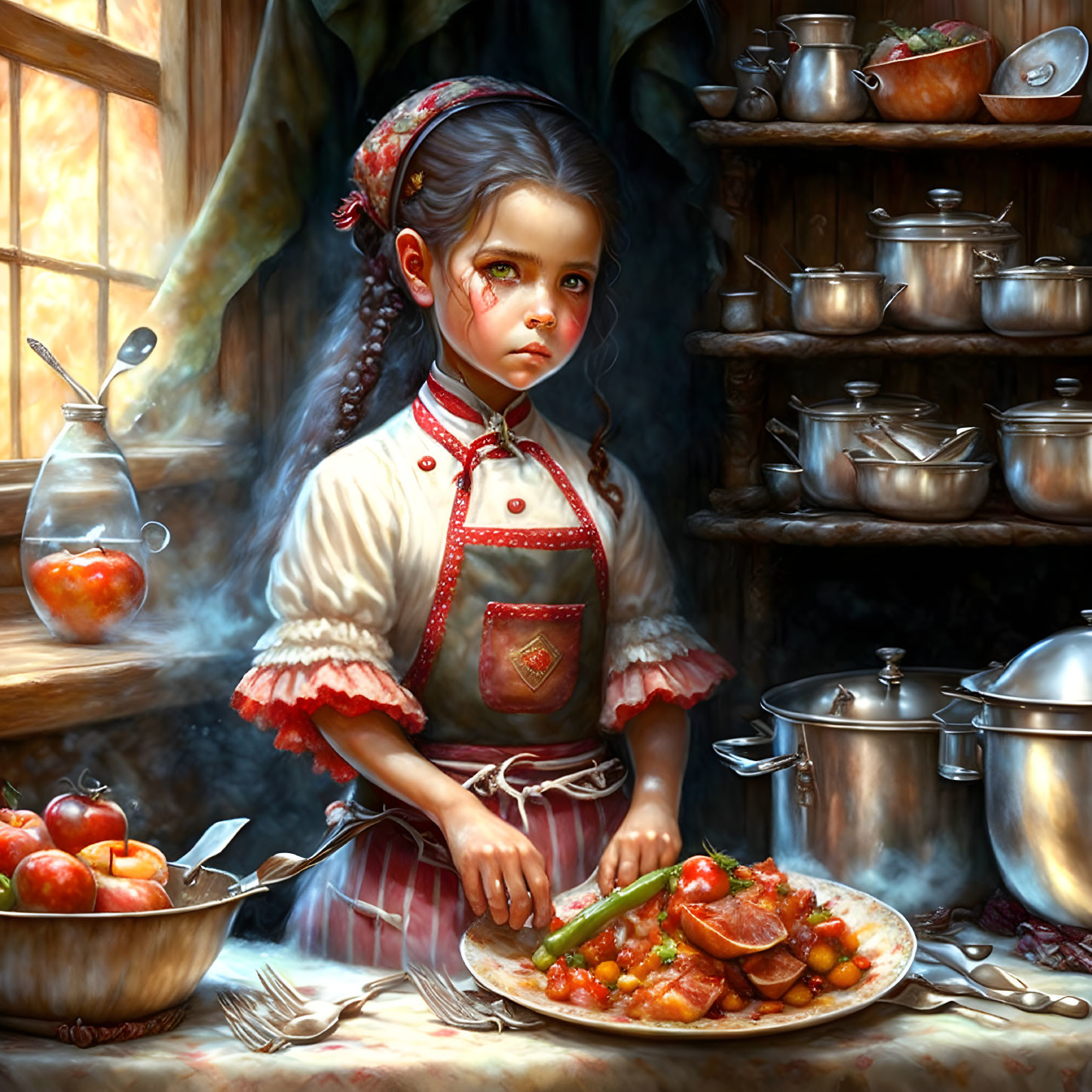 Young girl peeling vegetables in vintage kitchen ambiance