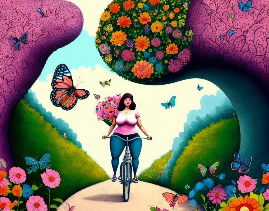 Colorful illustration: Woman on bicycle in whimsical floral landscape