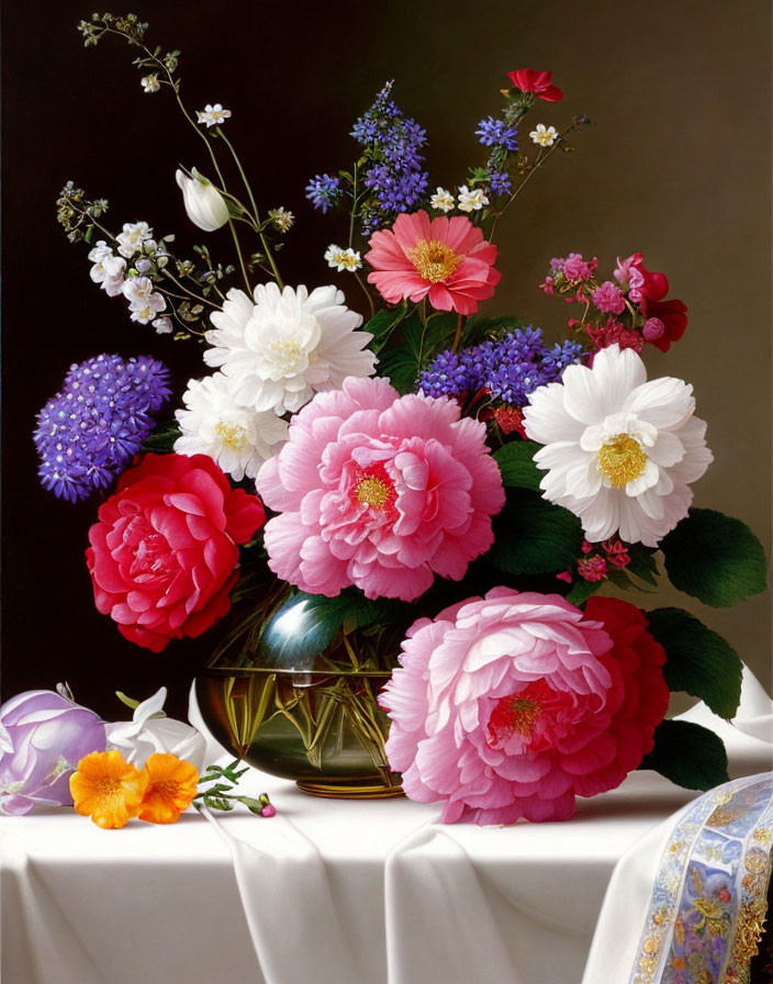 Colorful bouquet of roses and peonies in reflective vase on draped table