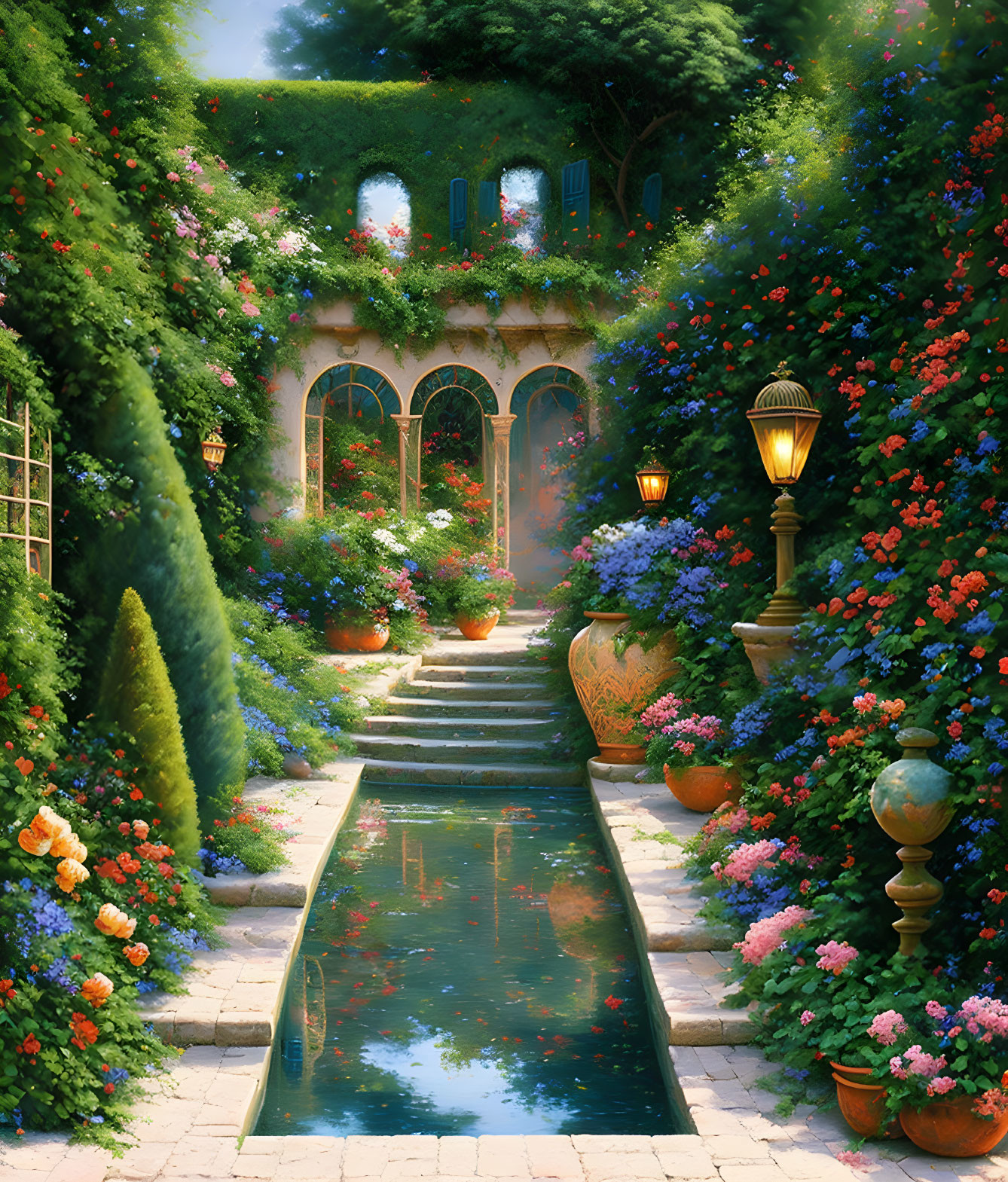 Tranquil garden pathway with blooming flowers, ivy-covered walls, and ornamental pond