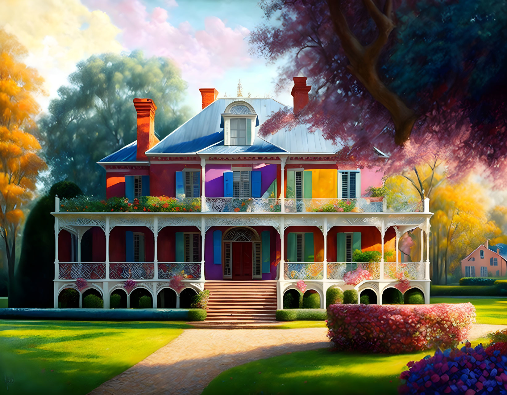 Detailed digital illustration of a stately two-story house with ornate balconies in a lush, colorful