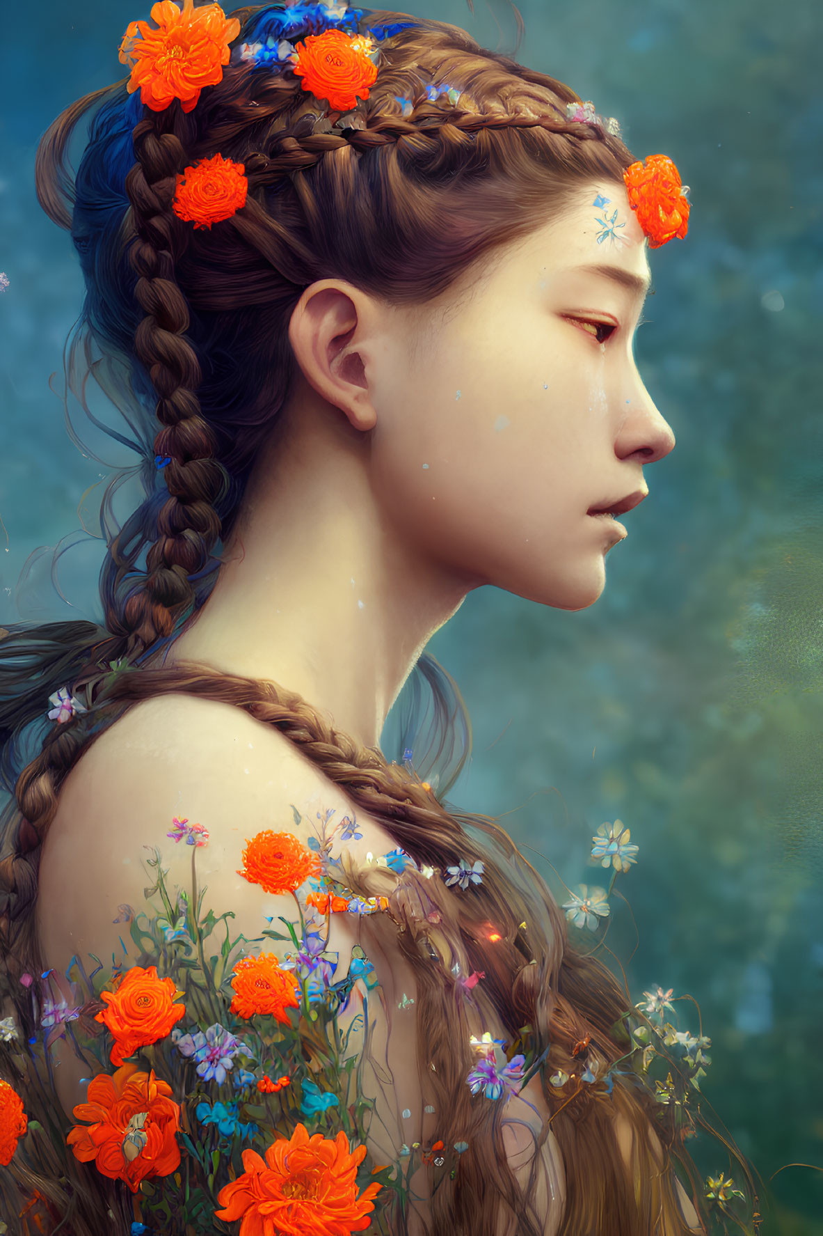 Portrait of a woman with intricate braids and orange flowers on blue backdrop