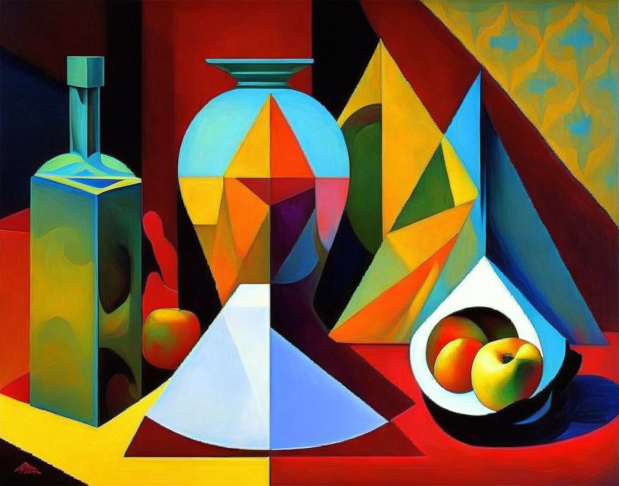 Vibrant geometric still life with bottle, fruit bowl, and shapes in red, blue, yellow