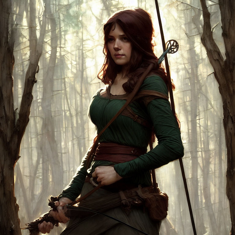 Fantasy female character in green medieval attire with bow in misty forest