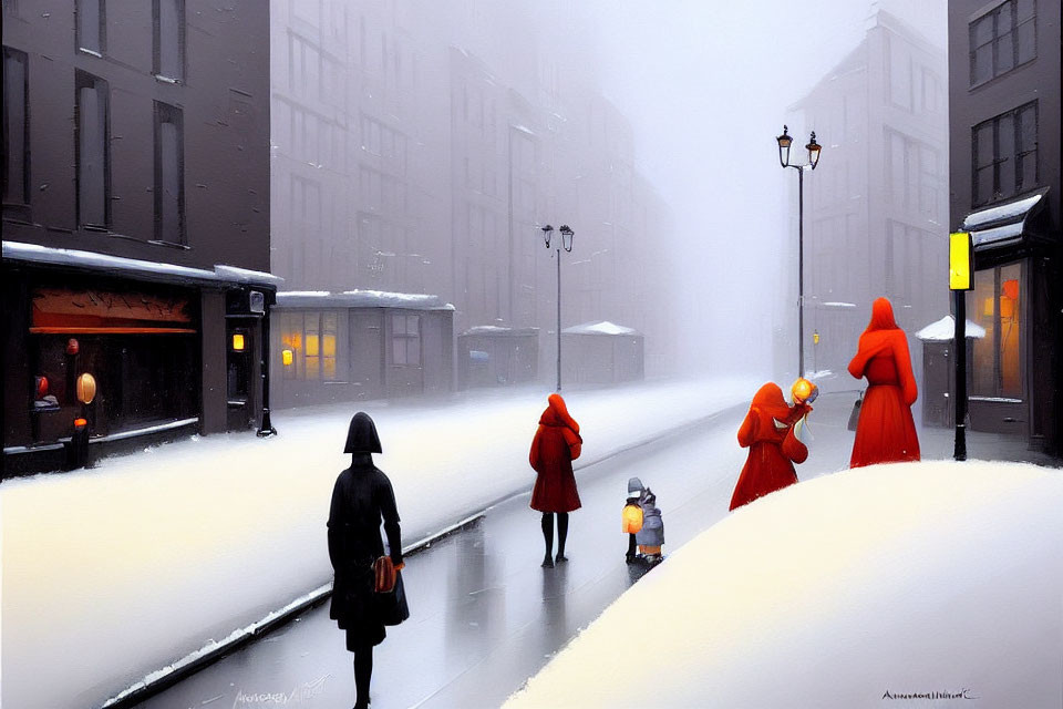 Snow-covered street with people in red cloaks, child interacting, cozy windows, gentle snowfall