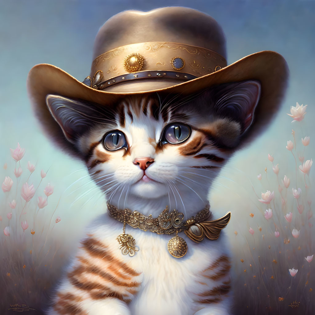 Whimsical digital illustration of a kitten in a cowboy hat and gold necklace