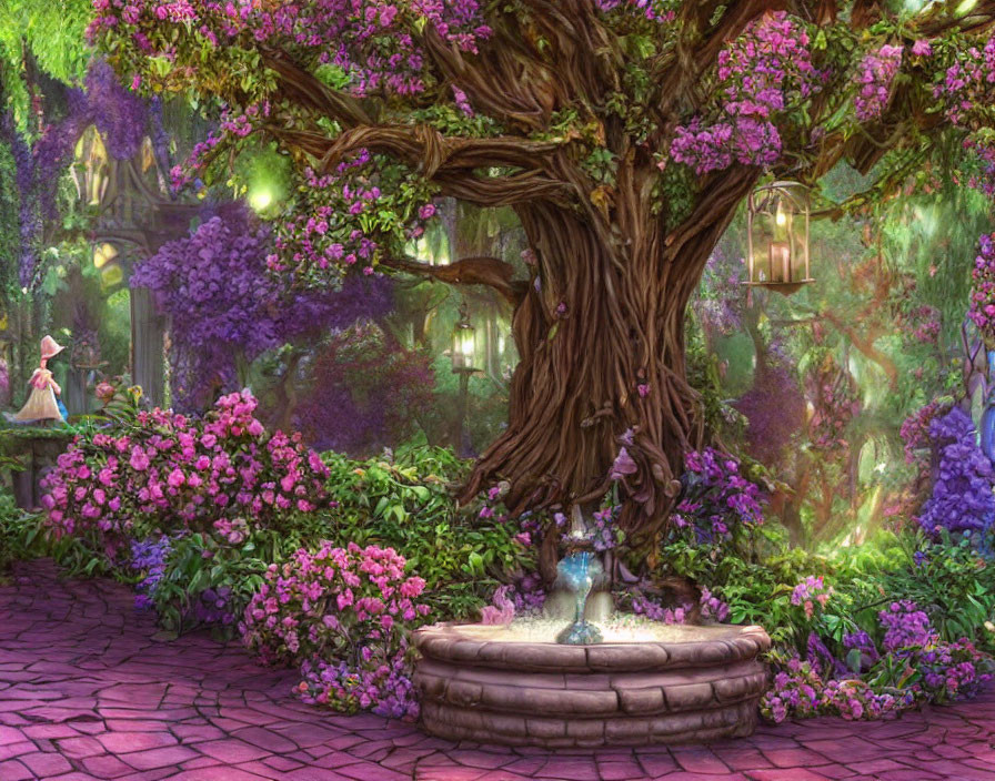 Vibrant Purple Foliage in Enchanted Garden with Tree, Pathway, Fountain,