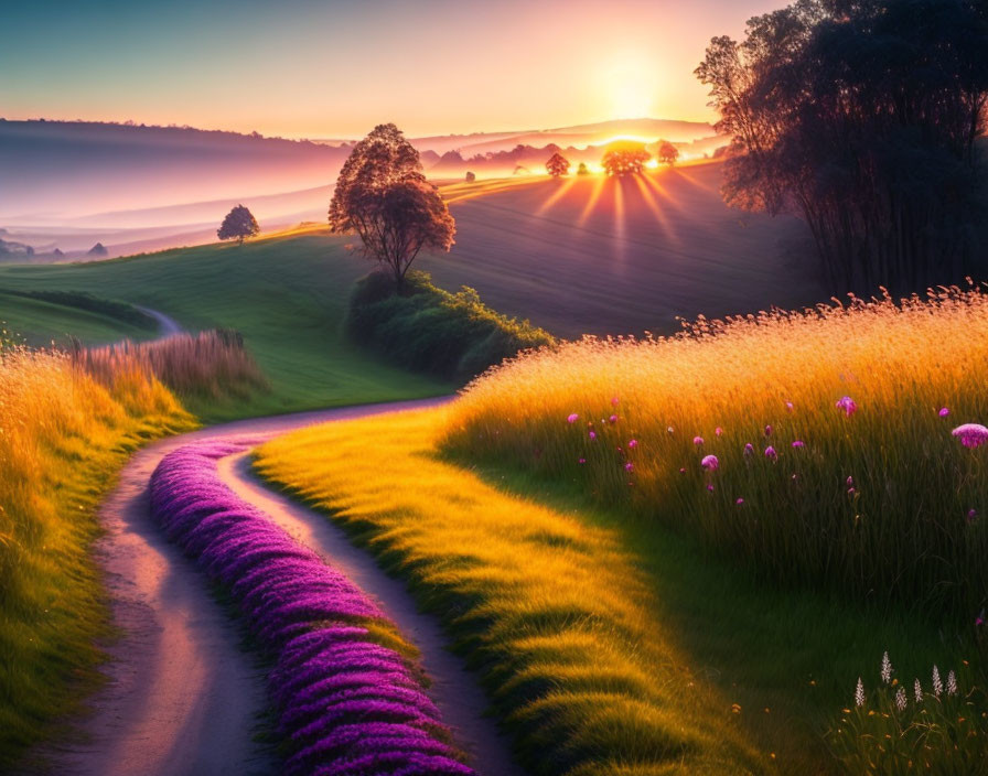 Scenic sunrise over rolling hills and winding path