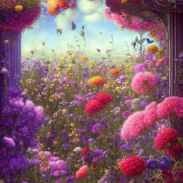 Colorful fantasy garden with floating butterflies and purple sky