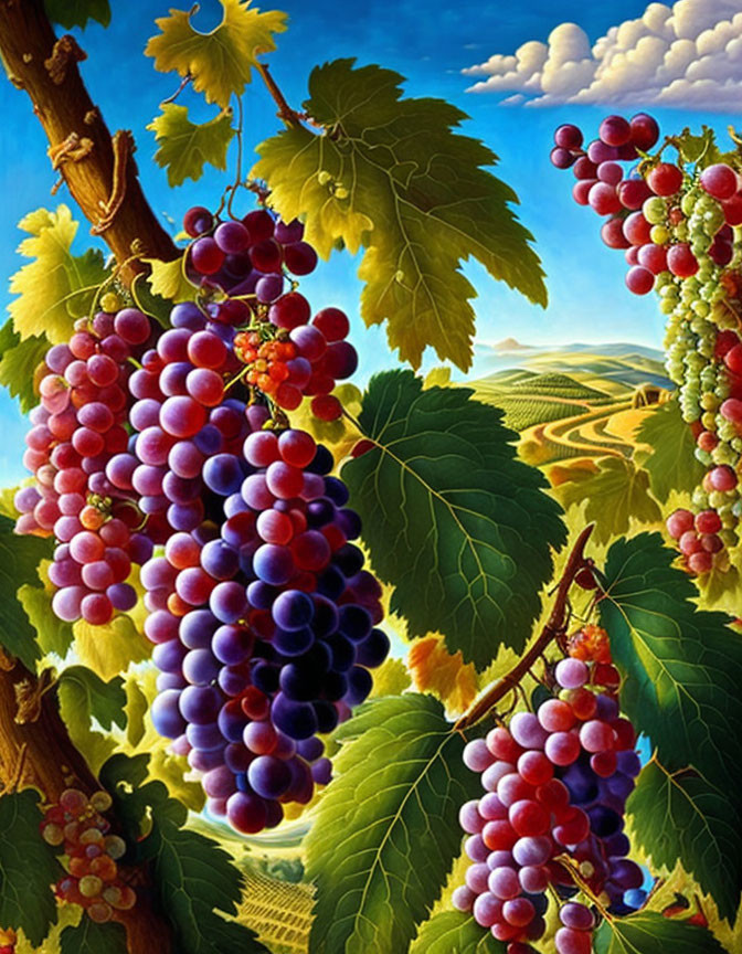 Colorful painting of ripe grape clusters on vine with blue sky and rolling hills