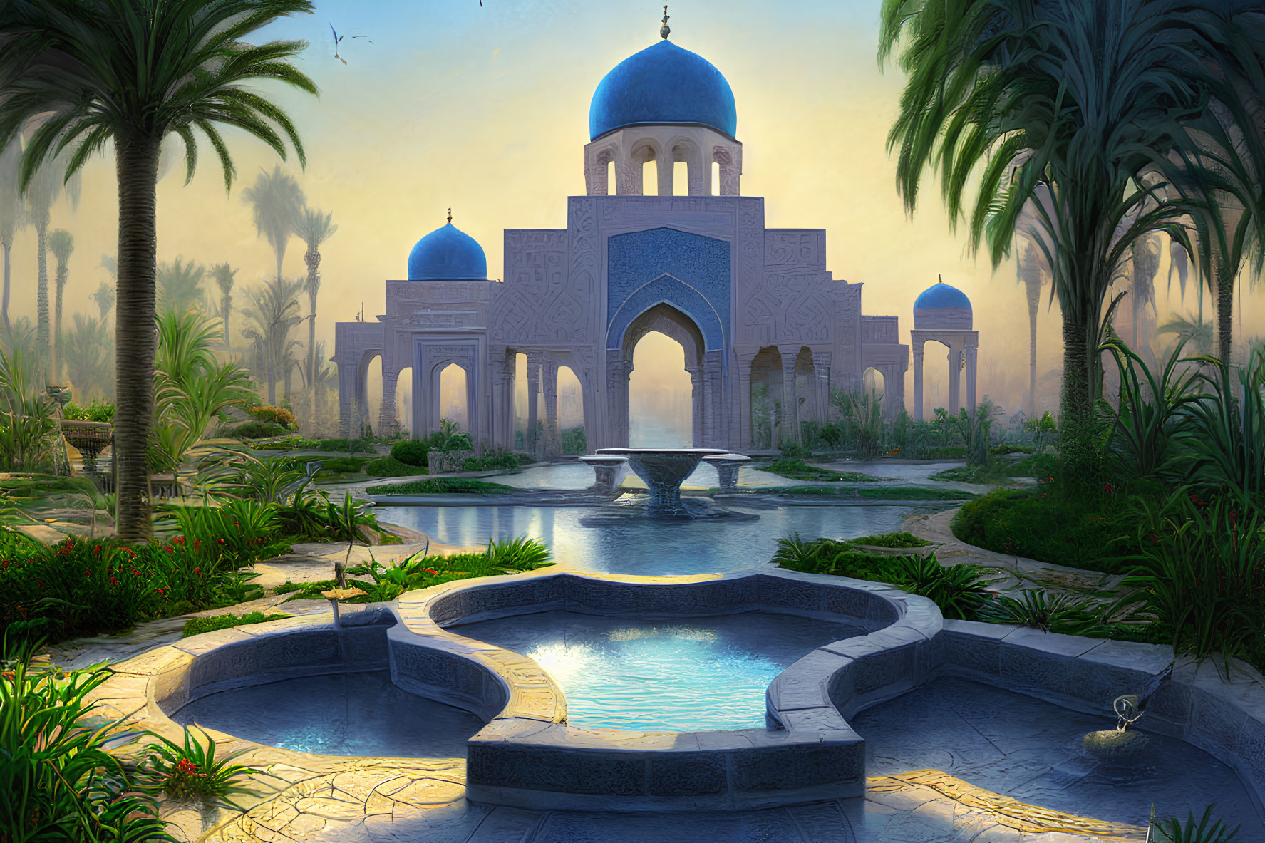 Digital artwork: Serene oasis with blue domes, palm trees, fountains