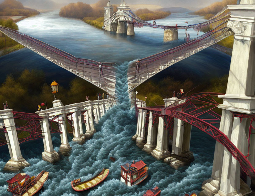 Split bridge over river with classical architecture and boats in fantastical painting.