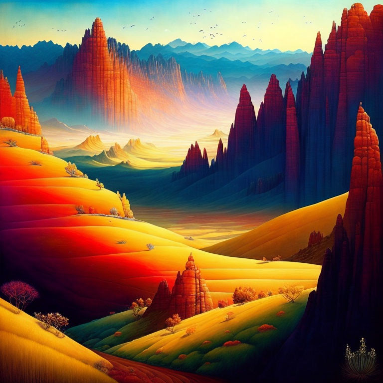 Colorful sunset over red and yellow hills with rock formations and sparse vegetation