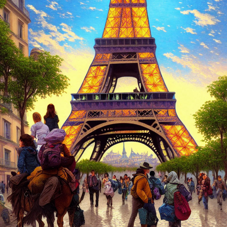 Tourists and backpackers near Eiffel Tower at golden hour