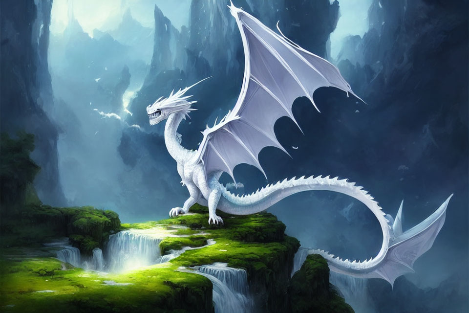 White Dragon on Cliff with Waterfall in Mystical Landscape