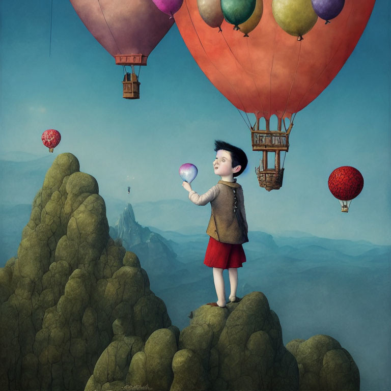 Child admiring glass orb with hot air balloons in surreal sky