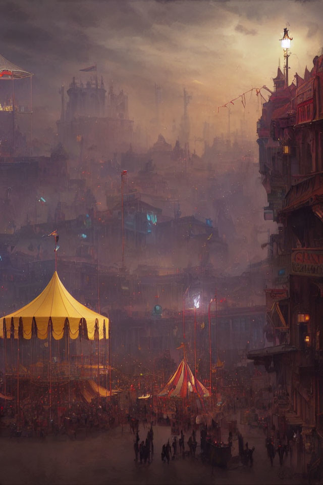 Dystopian cityscape at dusk: crowded streets, colorful tents, multi-layered architecture