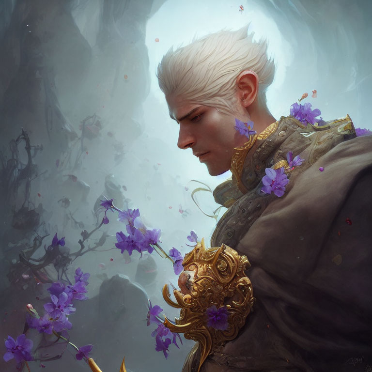 White-Haired Figure with Violet Flowers Holding Golden Object in Misty Floral Scene