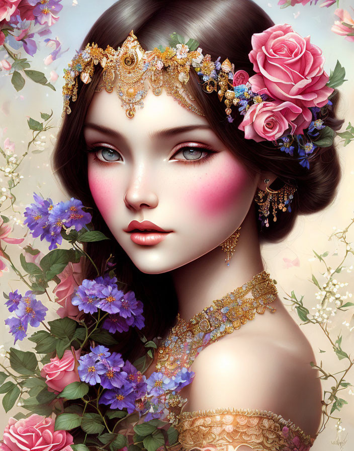 Digital portrait of woman with floral crown and gold jewelry among vibrant flowers