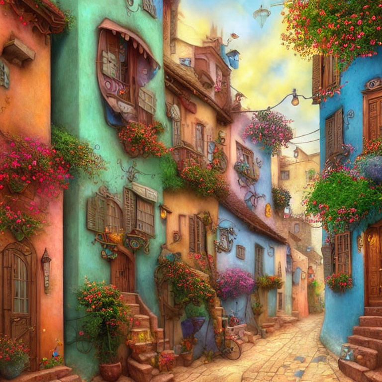 Colorful Alley with Blooming Flowers and Quaint Architecture