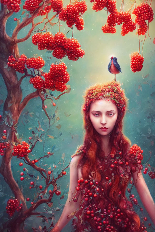 Red-haired girl with berry-adorned headband in surreal forest with blue bird