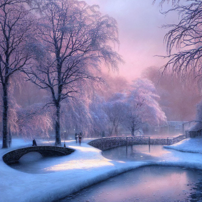 Snow-covered trees, stone bridge, frozen river, and figures in a serene winter landscape