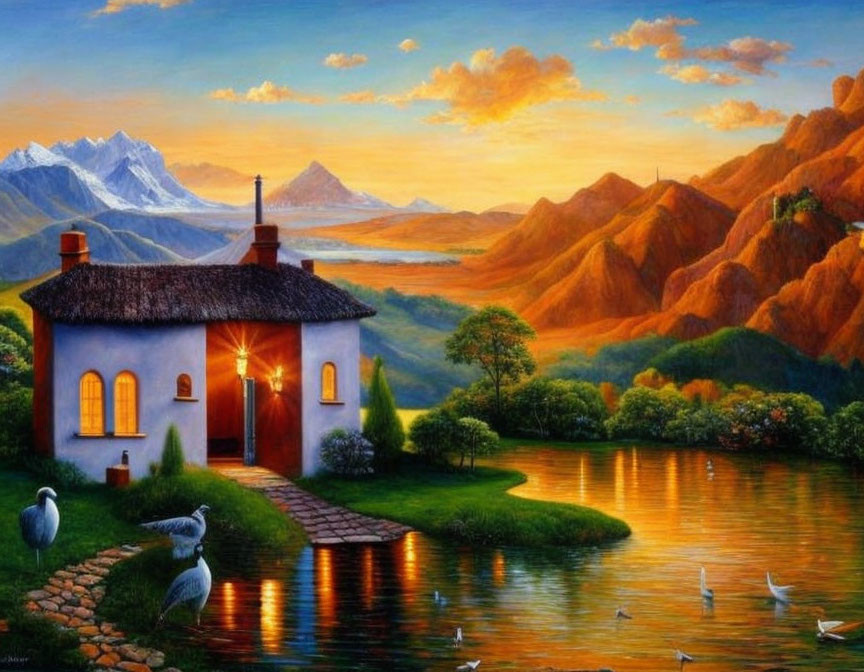 Tranquil lakeside landscape with cozy cottage, lush hills, and warm sunset