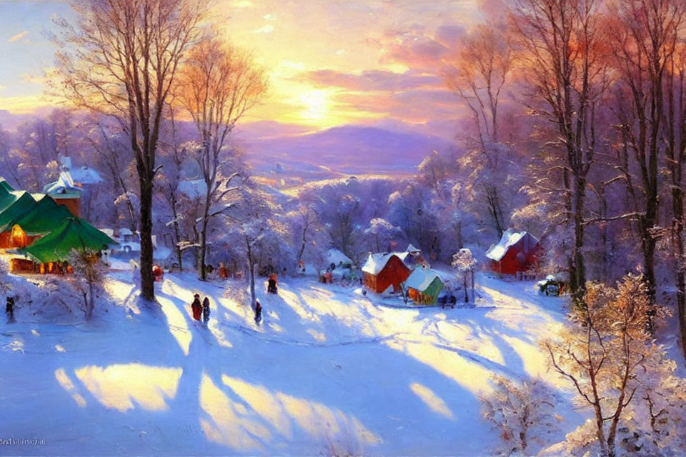 Snow-covered Winter Sunset Scene with People, Houses, and Bare Trees