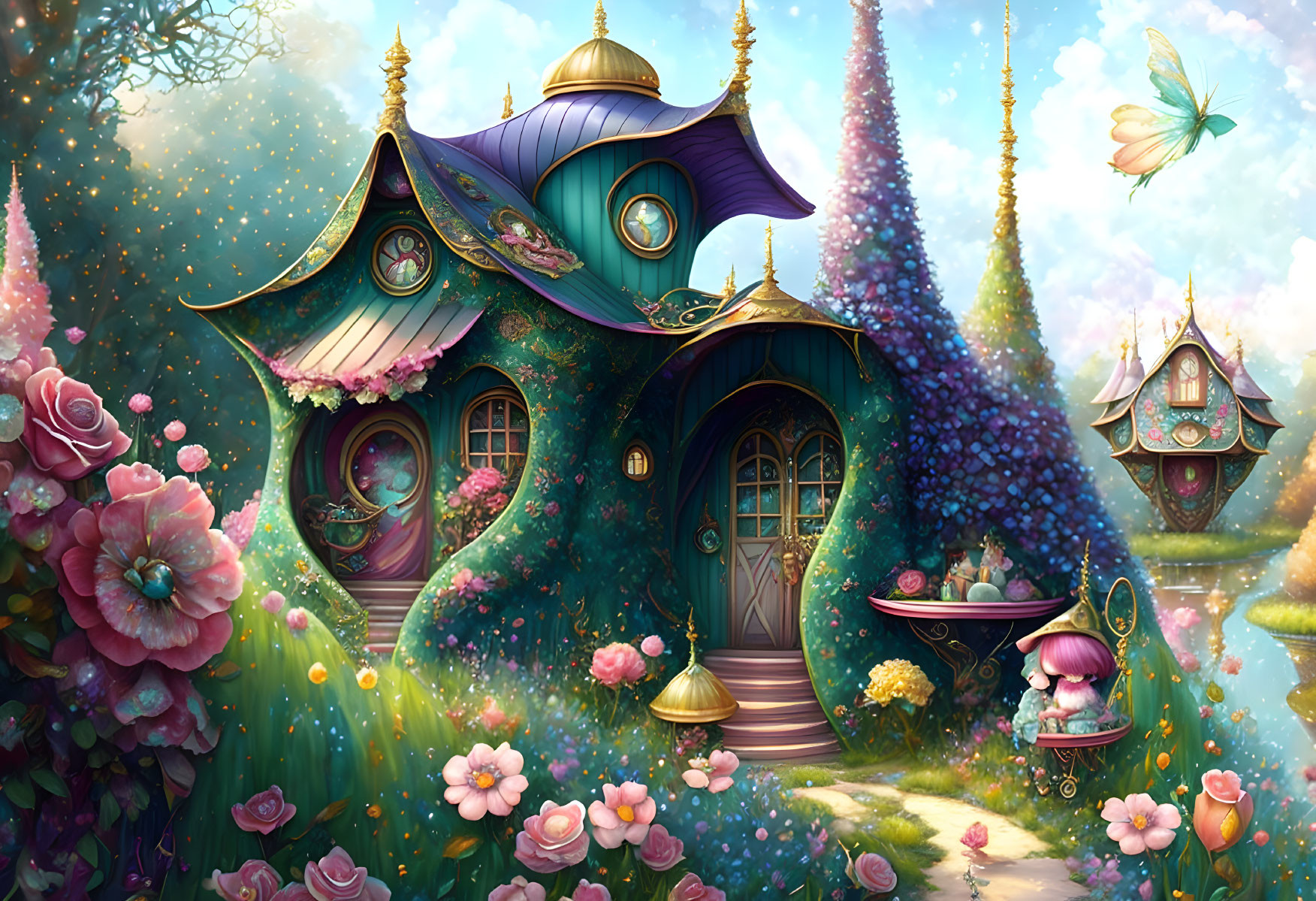 Whimsical fantasy homes in lush garden with floating butterfly