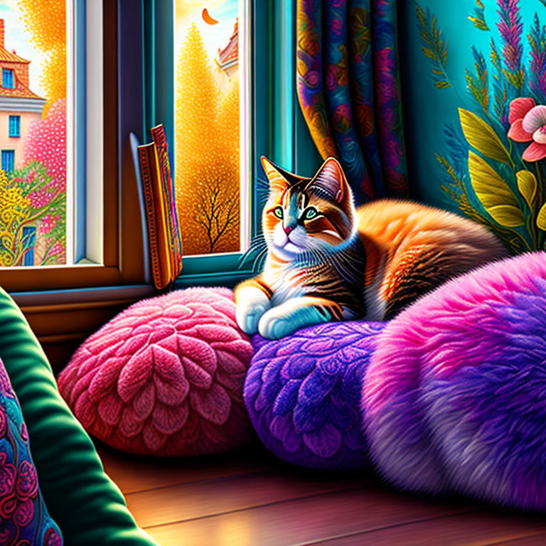 Vibrant Cat Illustration on Windowsill with Sunset View