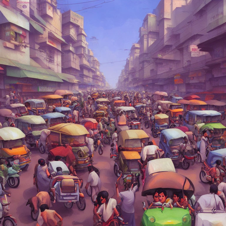 Colorful Auto-Rickshaws in Bustling Urban Street Scene