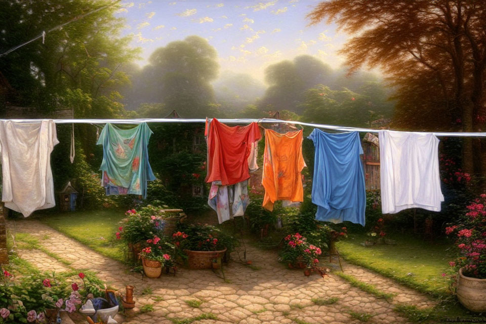 Sunlit garden with fresh laundry hanging among blooming flowers.