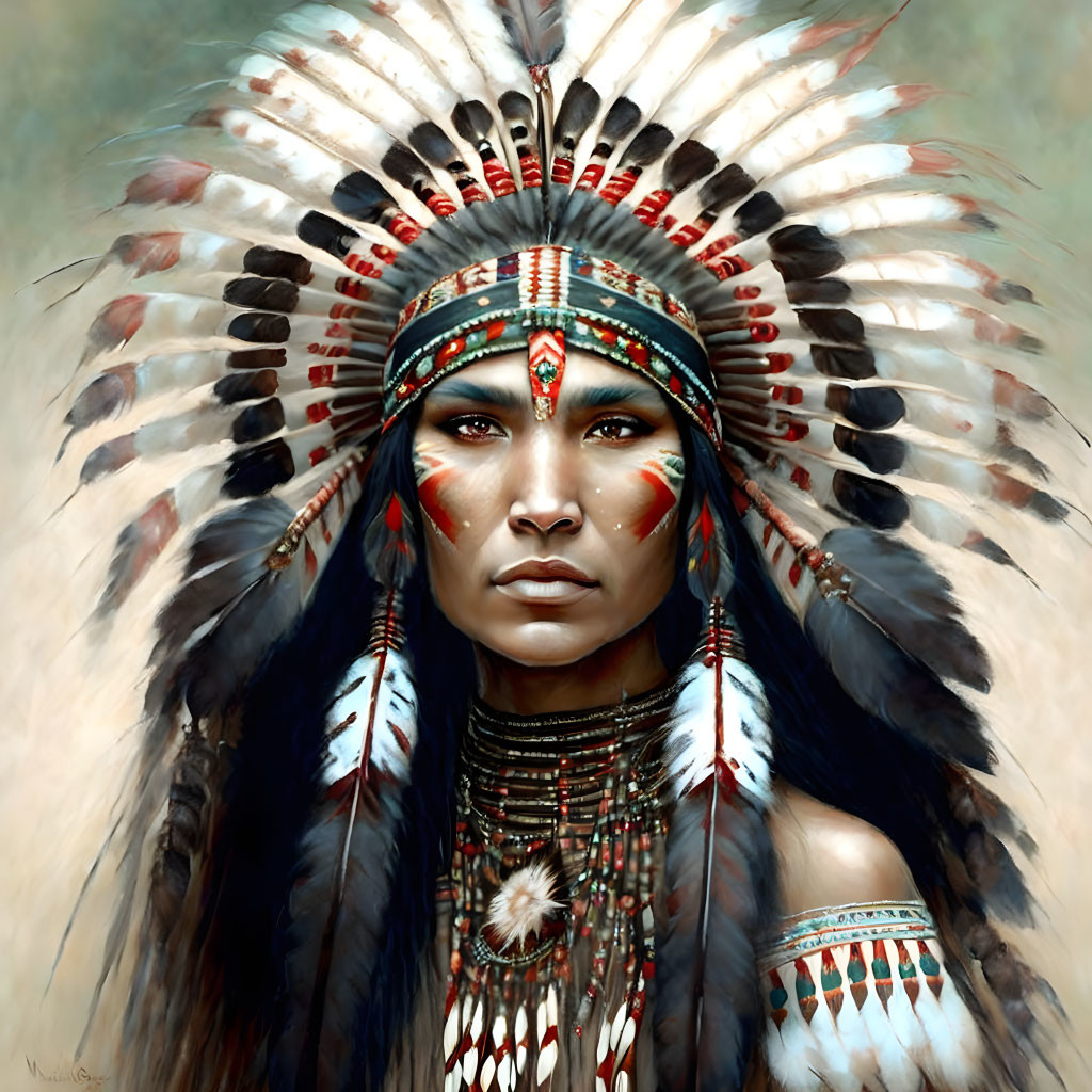 Portrait of Person in Native American Headdress with Feather Patterns