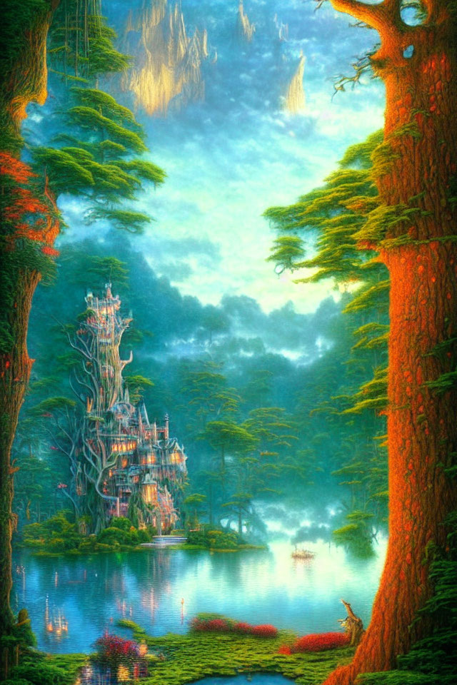 Enchanting forest scene with castle, lake, and glowing sky