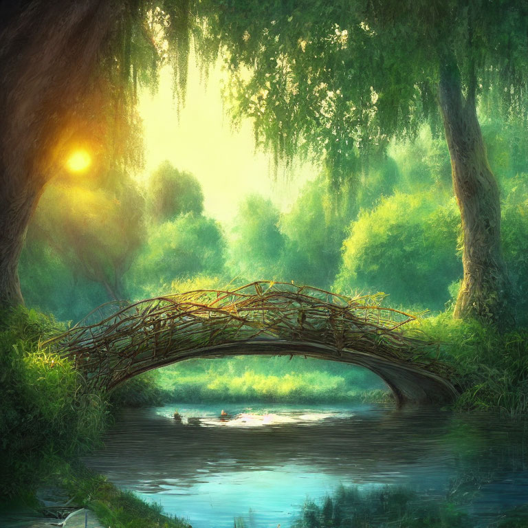 Tranquil sunlit landscape with wooden bridge over river surrounded by lush greenery