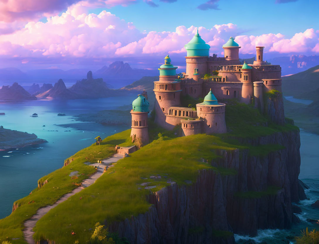 Turquoise domed castle on cliff by serene sea at sunset