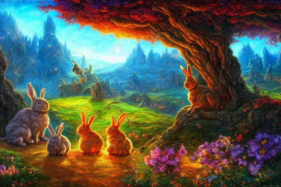 Colorful Fantasy Landscape: Four Rabbits Under Tree overlooking Vibrant Valley