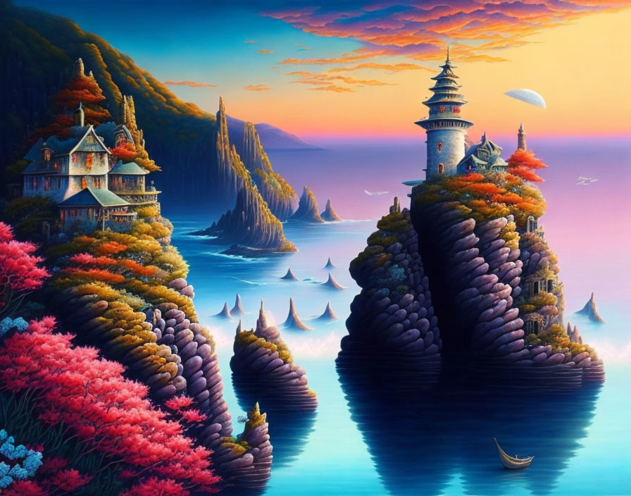 Colorful Fantasy Seascape with Boat, Foliage, and Whimsical Buildings