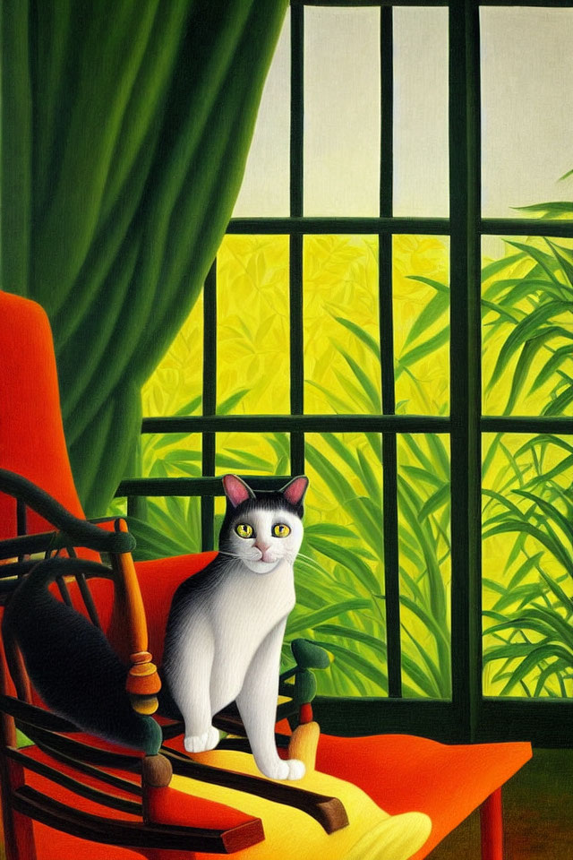 White Cat with Grey Markings on Red Rocking Chair by Window