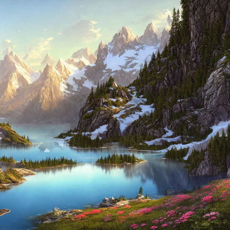 Serene Mountain Landscape with Blue Lake and Snow-Capped Peaks