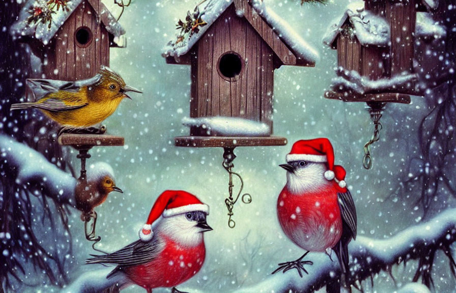 Birds in Santa Hats at Snow-Covered Birdhouse in Snowfall