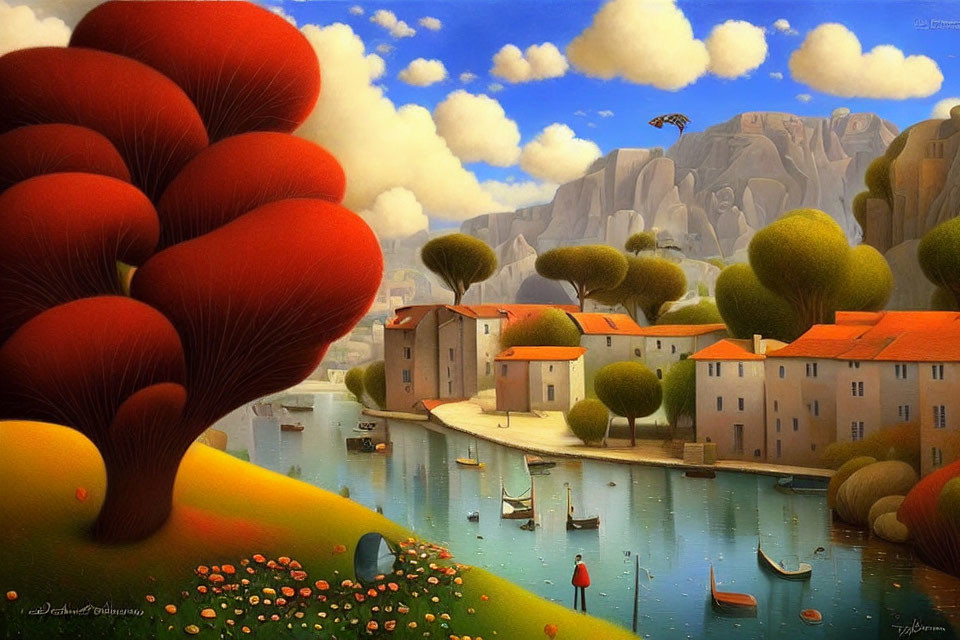 Colorful painting of a serene river town with oversized trees and boats