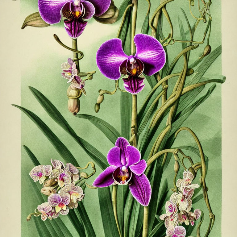 Purple and Pink Orchids in Various Bloom Stages on Pale Background